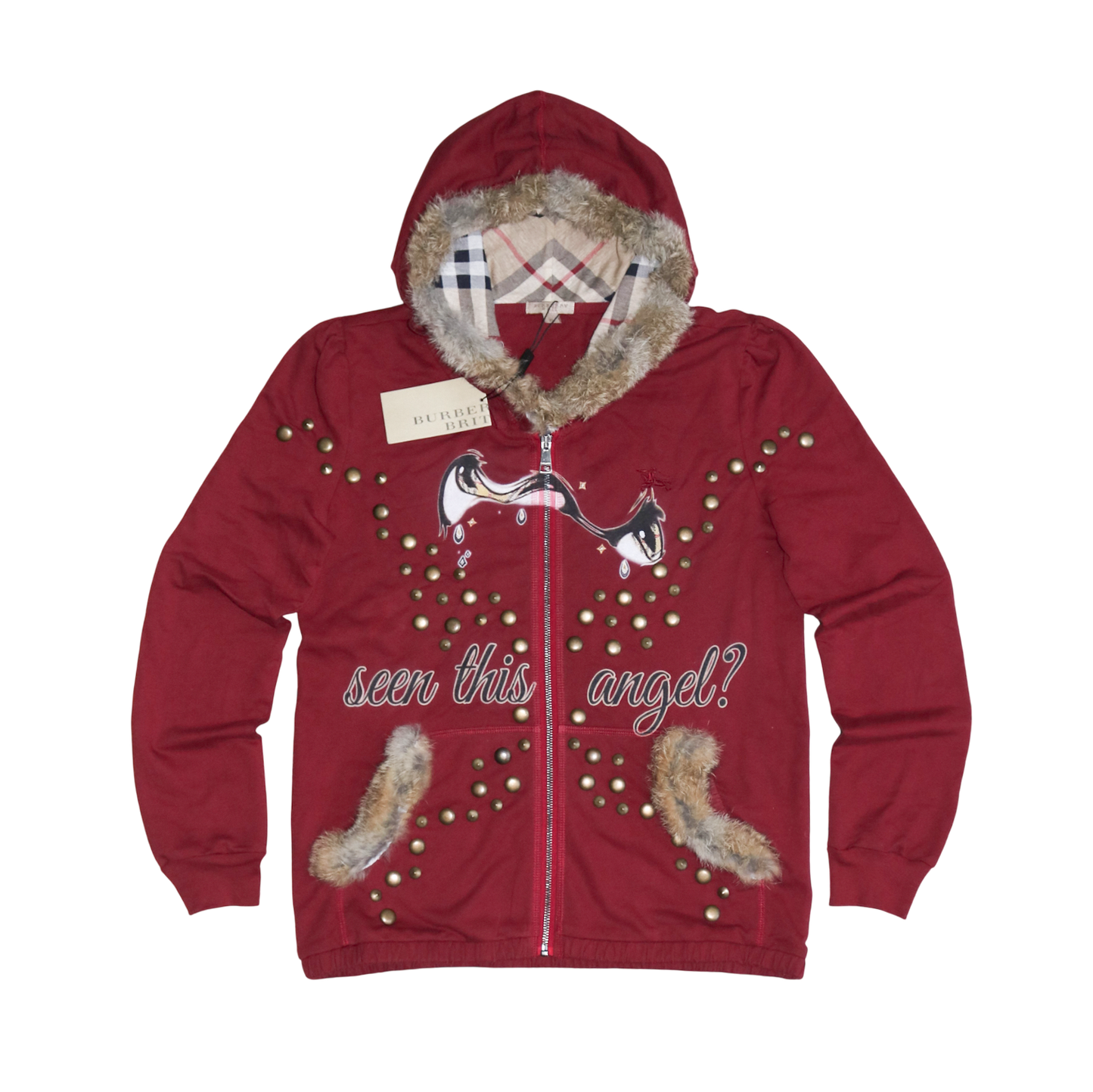 reworked Burberry studded fur trim zip hoodie - Size XL