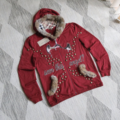 reworked Burberry studded fur trim zip hoodie - Size XL