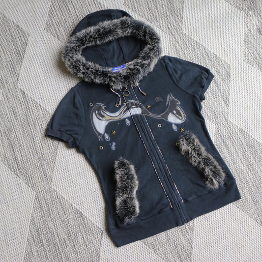 reworked Burberry fur trim zip hoodie - Size 38