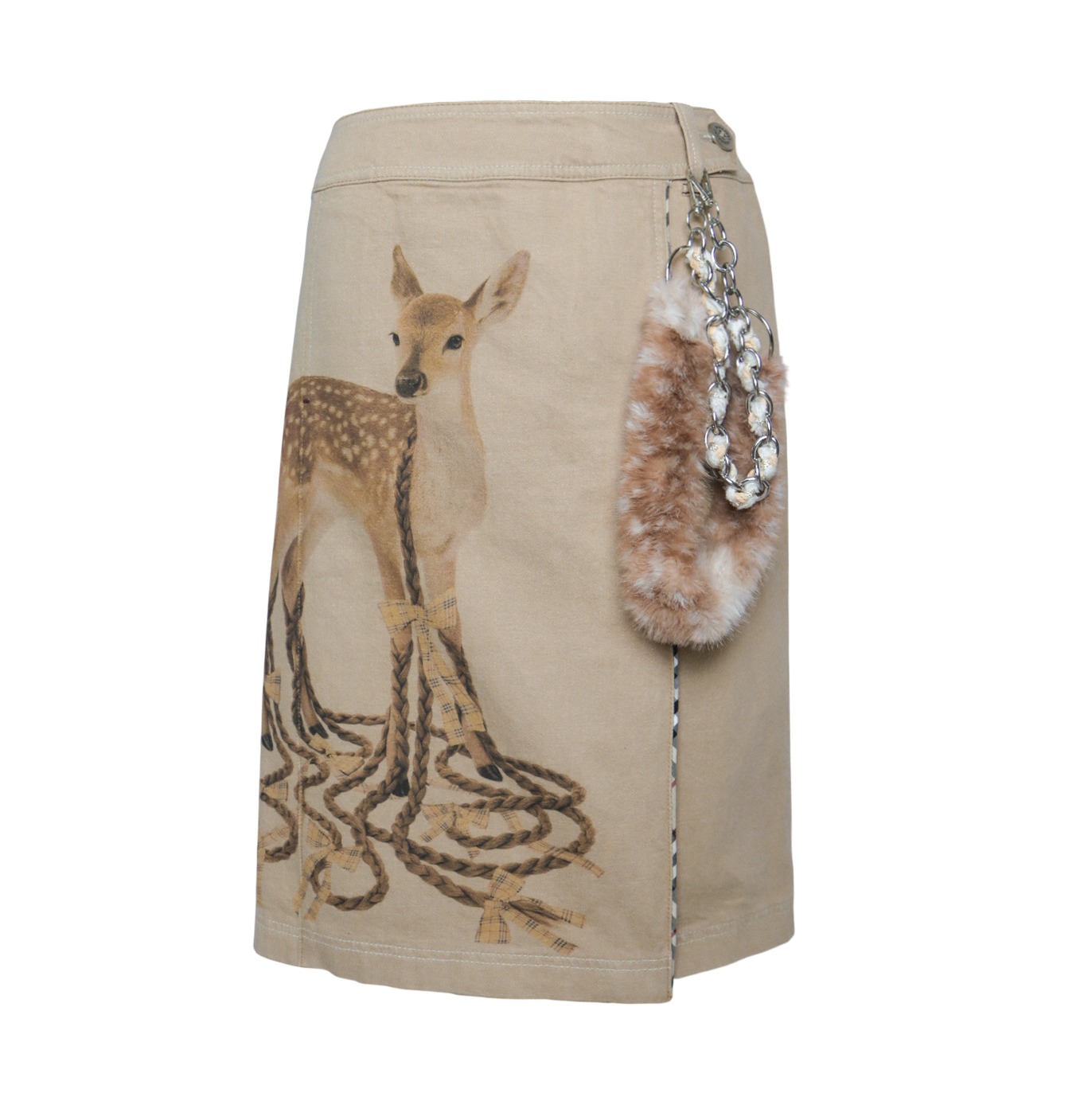 reworked Burberry fur charm midi skirt