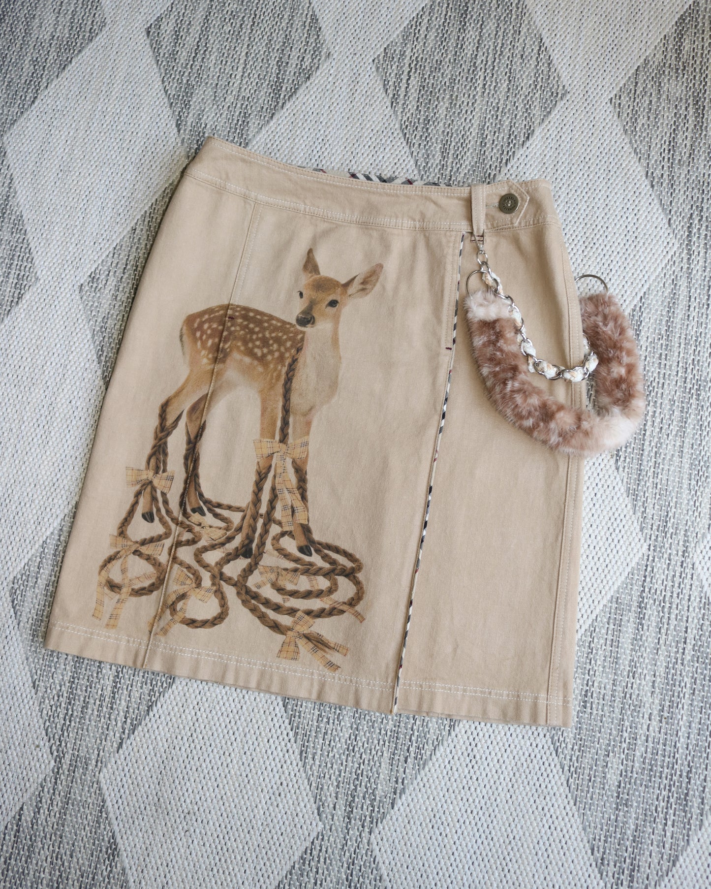 reworked Burberry fur charm midi skirt