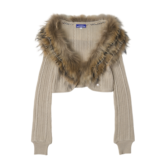 reworked Burberry fox fur collar cardigan
