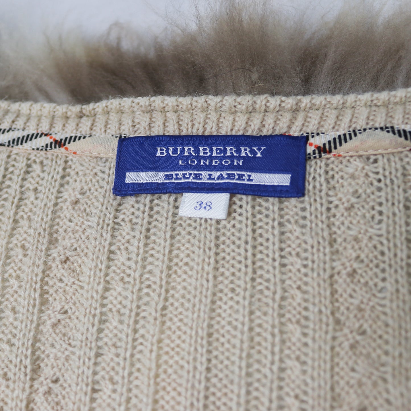 reworked Burberry fox fur collar cardigan