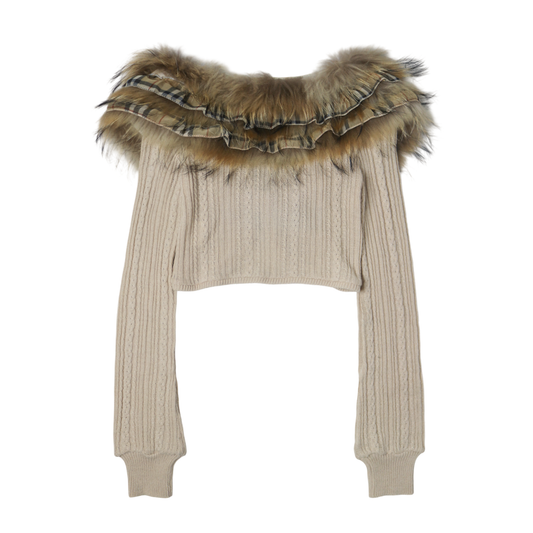 reworked Burberry fox fur collar cardigan