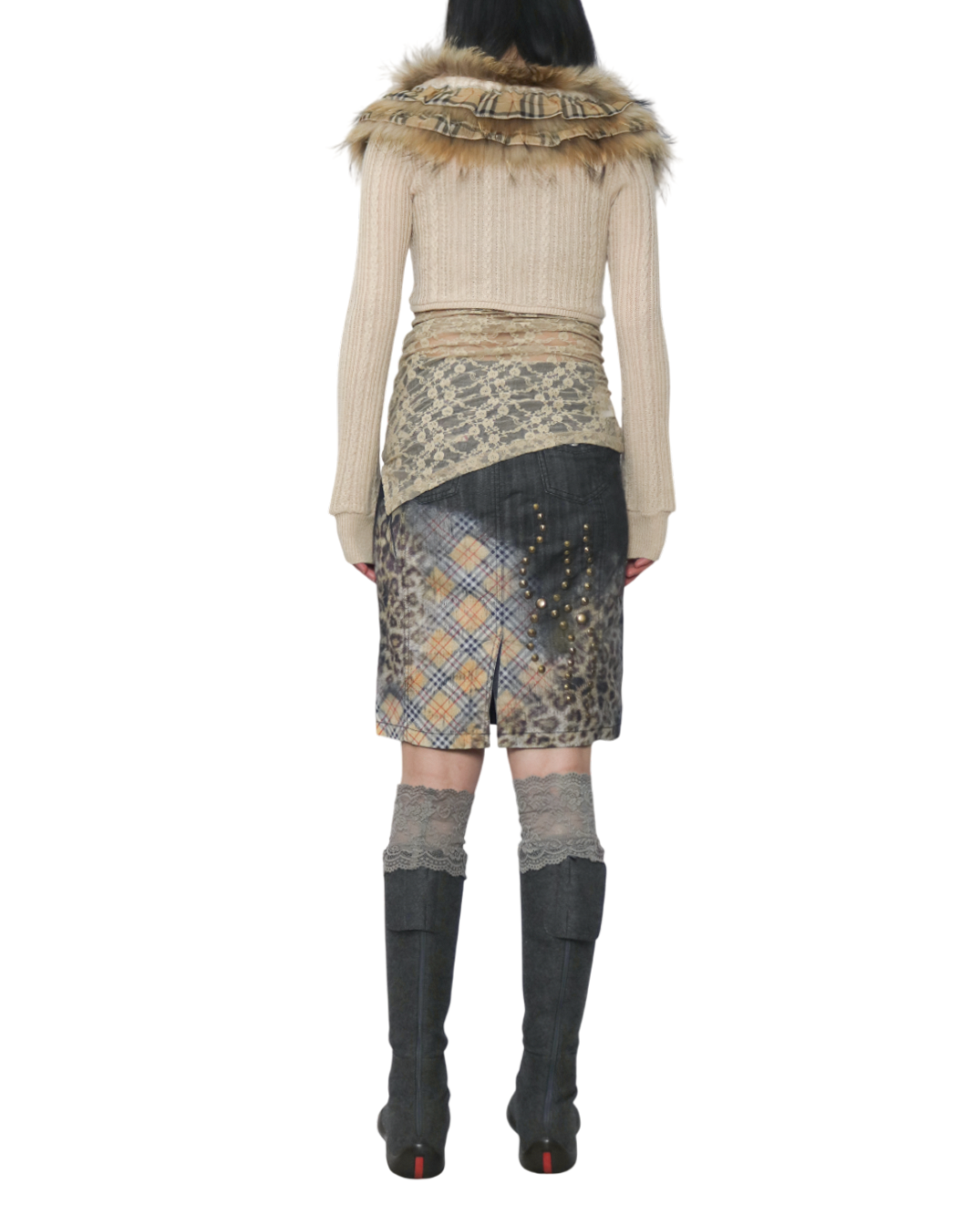 reworked Burberry fox fur collar cardigan