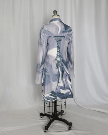 wave print lace back trench coat