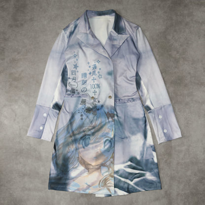 wave print lace back trench coat