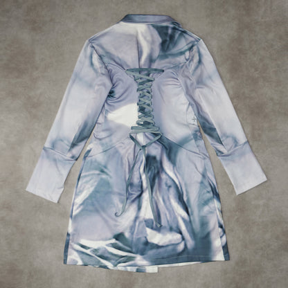 wave print lace back trench coat