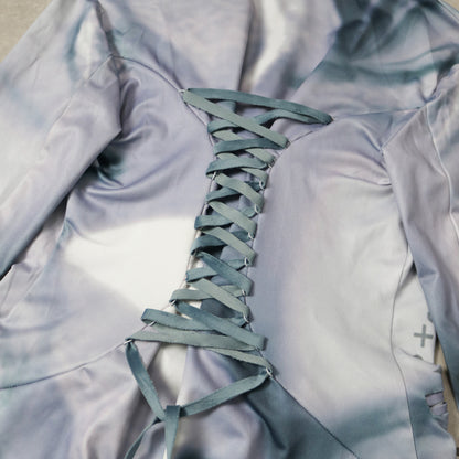 wave print lace back trench coat